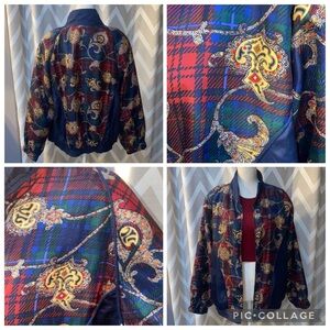 Vintage 100% SILK 1980s Baroque Plaid Paisley Equestrian Bomber Club Polo Jacket